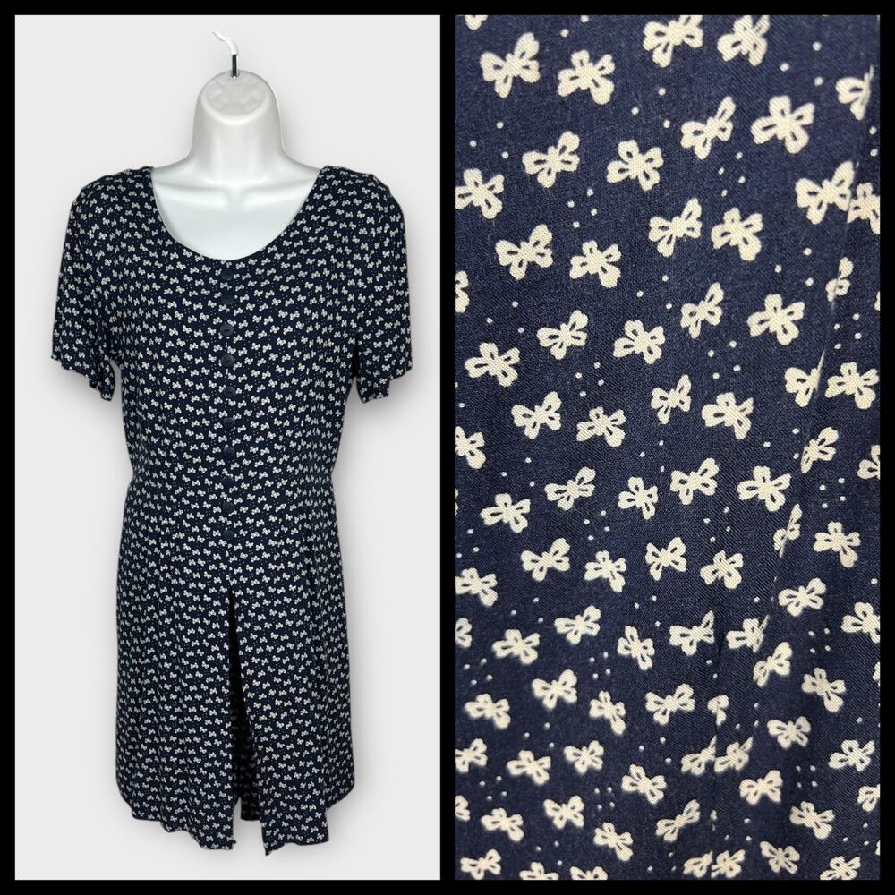 Vintage Bow Print Romper Dress Blue‎ Rayon 90s Button Front XS